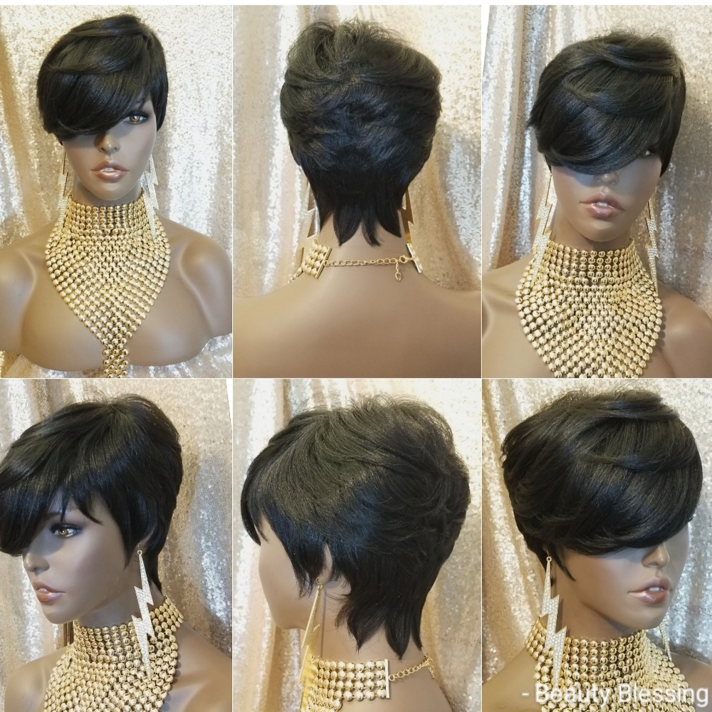 Short Cut Feather Style Full Cap Wig Black Hair